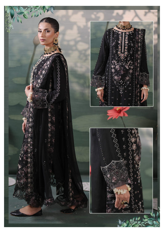 Silvana by Guzel Embroidered Chiffon Stitched 3 Piece Suit - Reha - Black - Luxury Collection