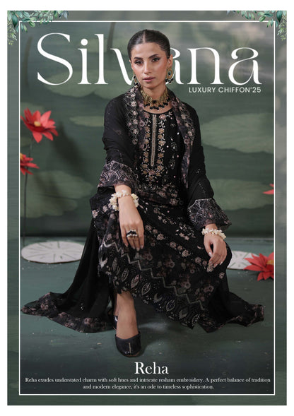 Silvana by Guzel Embroidered Chiffon Stitched 3 Piece Suit - Reha - Black - Luxury Collection