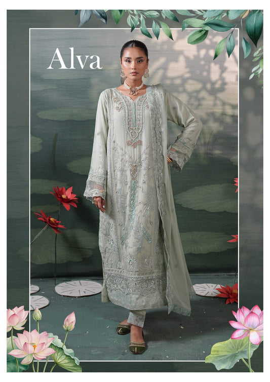 Silvana by Guzel Embroidered Chiffon Stitched 3 Piece Suit - Alva  - Green - Luxury Collection