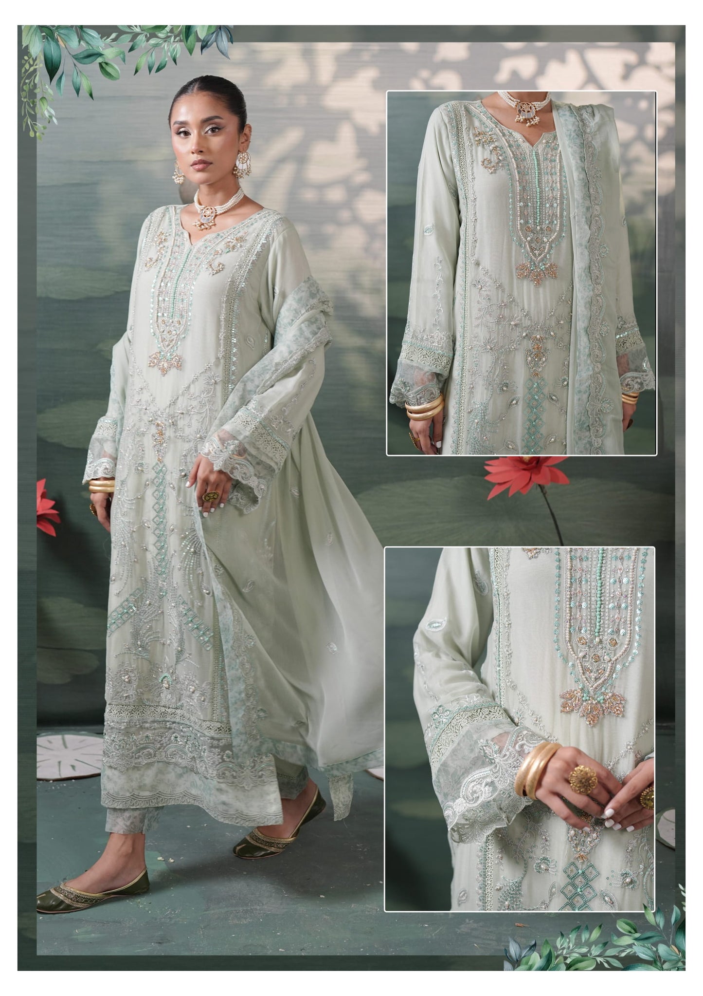 Silvana by Guzel Embroidered Chiffon Stitched 3 Piece Suit - Alva  - Green - Luxury Collection